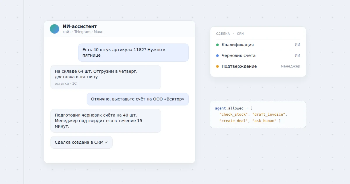 Чат с ИИ-ассистентом и сделка, созданная им в CRM